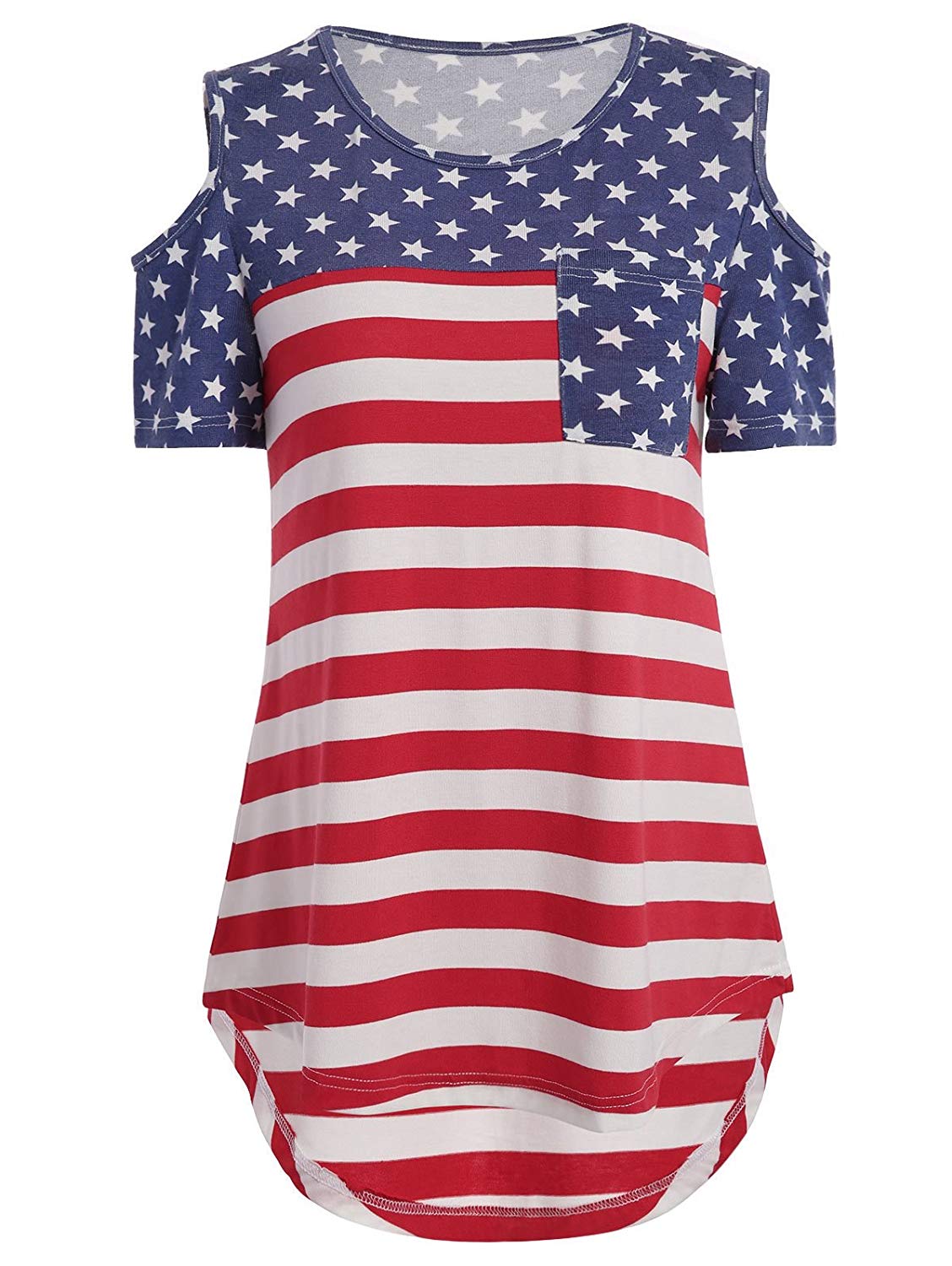 OMONSIM Women's Vogue Shoulder Off Wide Hem Design Top Shirt American Flag T Shirt - Ranger Rags