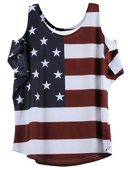 OMONSIM Women's Vogue Shoulder Off Wide Hem Design Top Shirt American Flag T Shirt - Ranger Rags