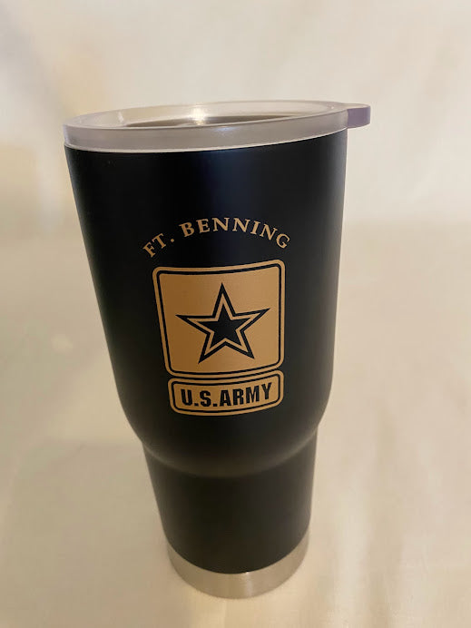 20 Oz. FT. BENNING U.S. ARMY LOGO- HOOAHWEAR travel cup-Matte Black/ Gold - Ranger Rags